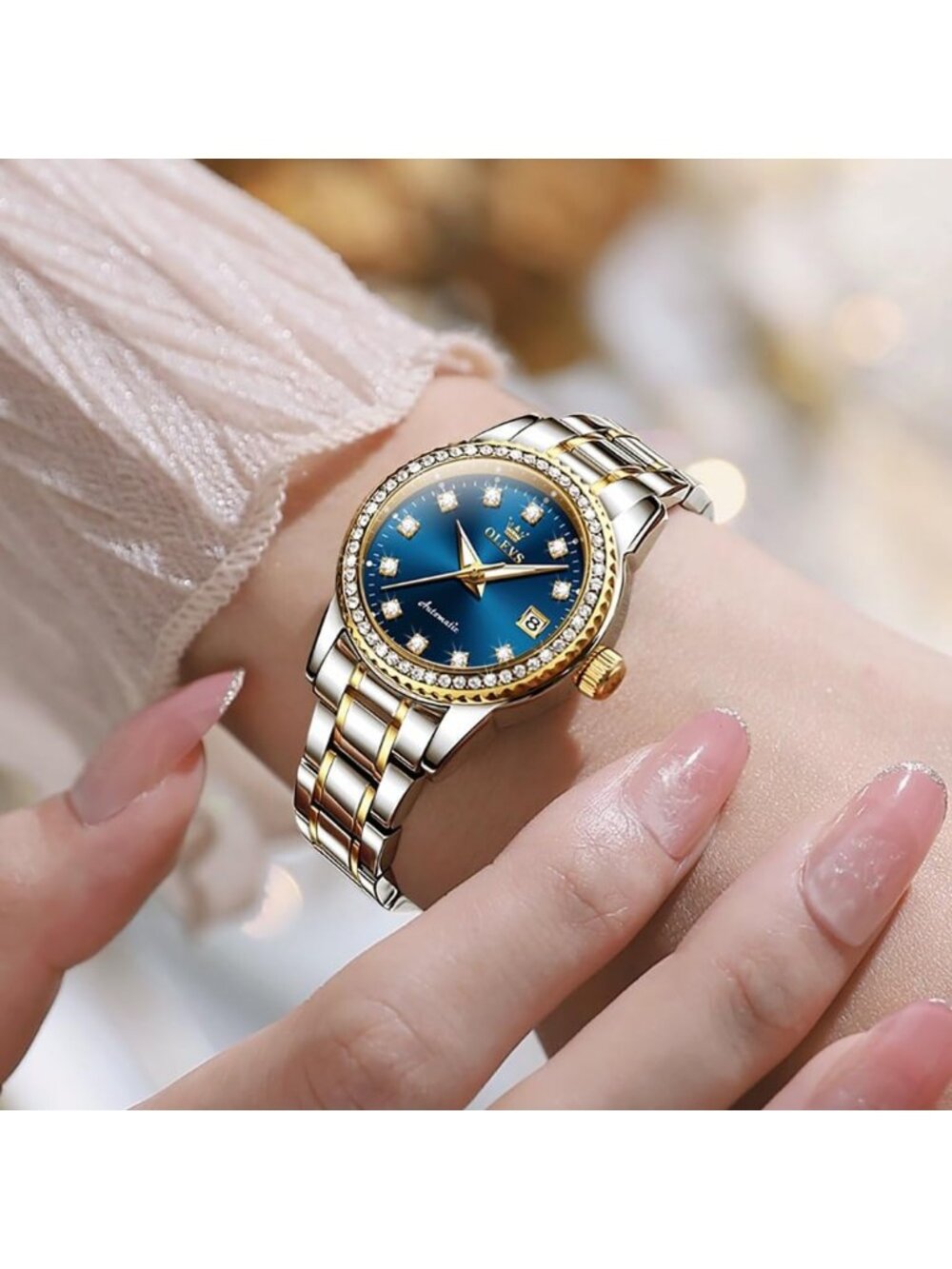Women's Gold Blue Waterproof Long Band for Medium Wrist Stainless Steel Watch - Picture 3 of 6